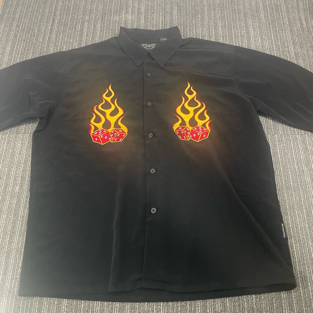 Vintage Dragonfly Shirt XXL Y2K Flames & DICE Black Button Up Collared